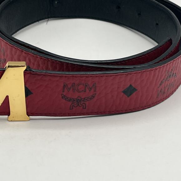 MCM Claus Red Visetos 24k Rolled Gold Buckle Belt Logo On Leather AS IS DAMAGED - Picture 9 of 16